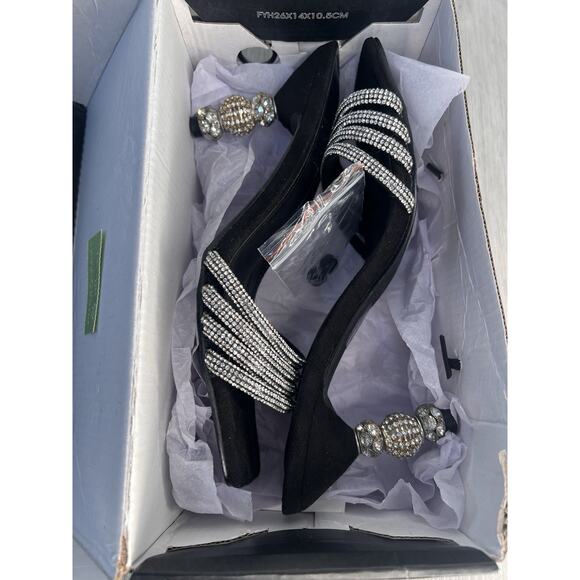 Fashion Nova Black Square Toe suede Mules With Rhinestone Straps And Sphere Heel - Picture 10 of 10